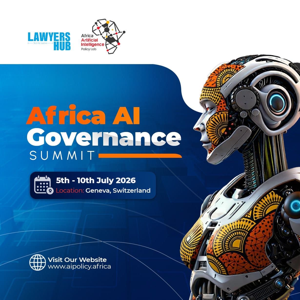 Africa AI Governance Summit poster showing 5th - 10th July 2026 in Geneva, Switzerland